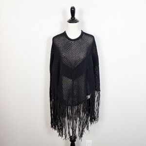 PH5 Crochet Knit Leather Fringe Poncho Size M/L Black Western Boho Witchy